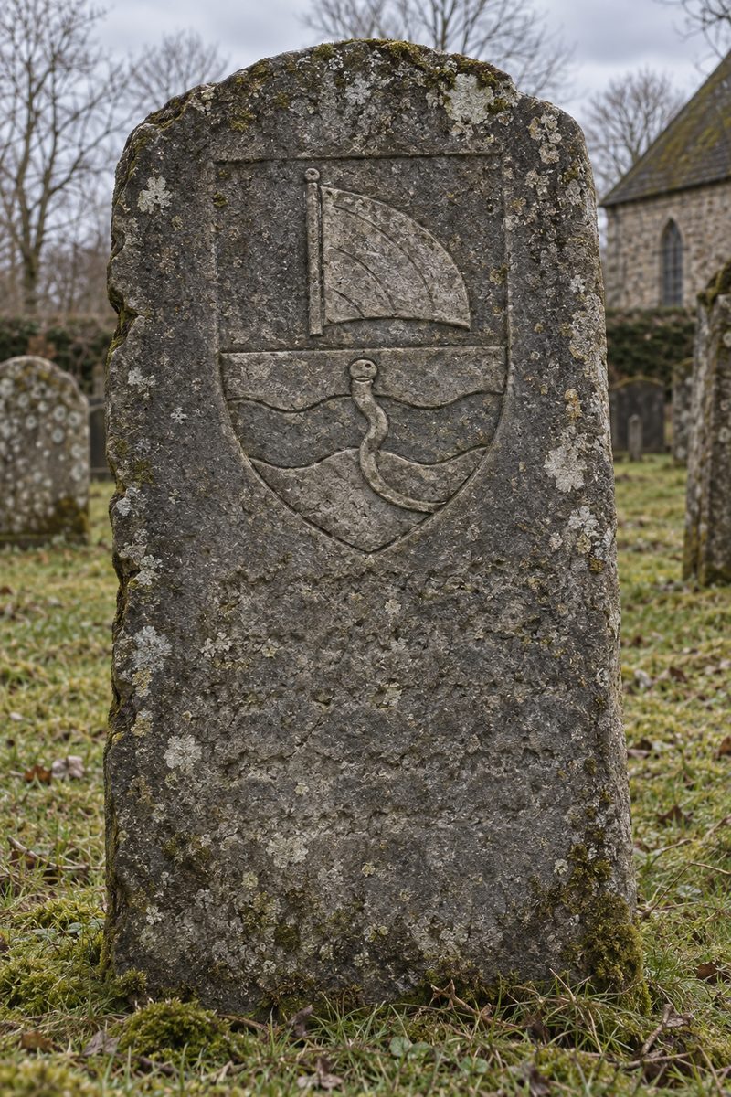 Rekonstruktion (2026): Der verschollene Sandstein auf dem Fockbeker Friedhof mit dem überlieferten Wahlspruch.