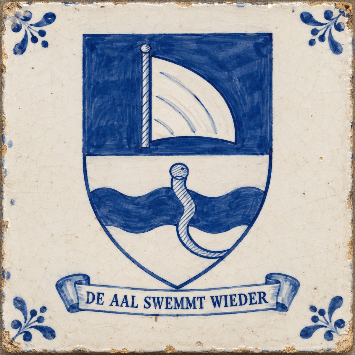 2026 reconstruction of the Aad Fock coat of arms on a blue-and-white Delft tile, with foresail, wavy bar and upward-swimming eel