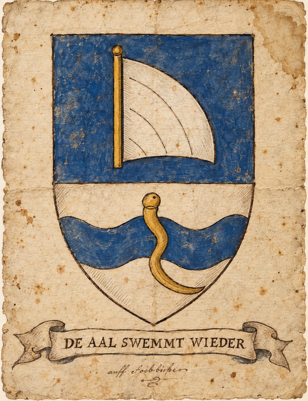 Rekonstruktion des Wappens als handgezeichnetes, aquarelliertes Blatt auf vergilbtem Papier